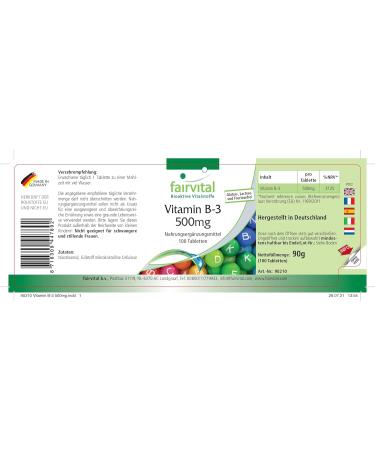 Fairvital Vitamin B3 500mg - High Dose Vegan Nicotinamide - 100 Tablets - Premium Quality Supplement for Energy & Health - Buy Online on GoSupps.com