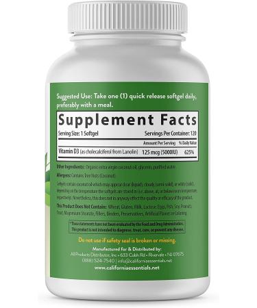 California Essentials Vitamin D3 5000 IU | Bone & Immune Support | High Potency Organic Coconut Oil | 120 Softgels - Buy Online on GoSupps.com