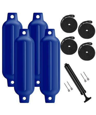 Turmaster Boat Fenders 4 Pack 4.5'' x16'', Ribbed Twin Eyes Boat Fenders Bumpers for Docking, Inflatable Marine Boat Bumper with 4 Ropes, 4 Needles and 1 Pump blue