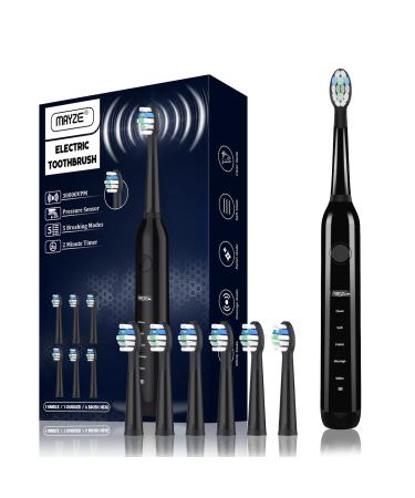 MAYZE Sonic Electric Toothbrush with 6 Brush Heads for Adults and Kids, 30000VPM One Charge for 60 Days, 5 Modes with 2 Minutes Build in Smart Timer, Electric Toothbrushes (Black)