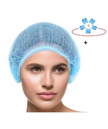 SETH-100 Pcs-21 Inches - Bouffant Disposable Hair Net Caps | Microblading | Tanning | Food Service | Sleeping Head Covers| Bonnets | Scrub Hat | Shower Cap | Bundled with 5 Prs of Disposable Gloves 21 Inch Blue