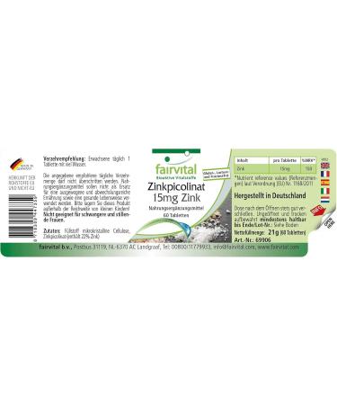 Fairvital | Zinc Picolinate with 15mg Zinc - Important for taste and smell - 60 tablets - 1 Box for 2 months! - Buy Online on GoSupps.com