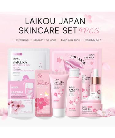 Skincare Set - Sakura 9PCS Kit with Cleanser Toner Serum Cream & Masks for Teenage Girls & Women - Buy Online on GoSupps.com