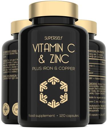 Vitamin C and Zinc Tablets - 1000mg VIT C Enhanced with Zinc Iron Copper High Strength - 120 Easy to Swallow Capsules - Vegan Immune System Complex Vitamin C Supplement with Superior Absorption
