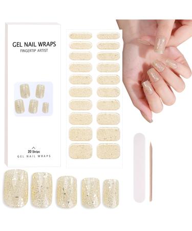 Semi Cured Gel Nail Strips - Nail Adhesive Wrap - Gold Glitter Semi Cured Nail Wraps - 20 Pcs Gel Nail Polish Strips Manicure Set Stickers with Nail File & Wooden Cuticle Stick (UV/LED Needed) glitter gold
