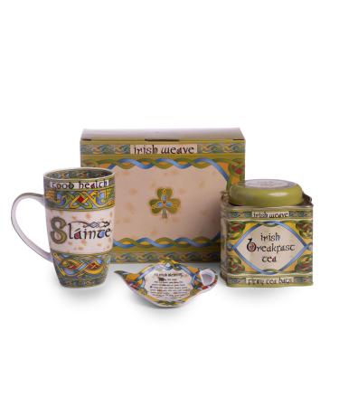 Claddagh Irish Tea Set with a 14OZ Tea Cup, Teabag Holder and a reusable tea tin filled with 50 Irish Breakfast Tea Bags in a matching Gift Box from the Irish Weave Collection