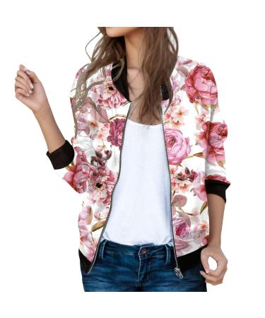 Bomber jacket women Light with flower pattern women casual jacket aviator jacket zipper summer jacket short outwear college jacket long arm casual jacket women's clothing red xl