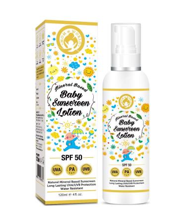 Mom & World Mineral Based Baby Sunscreen Lotion  SPF 50 PA+++  120ml - UVA/UVB Protection  Water Resistance