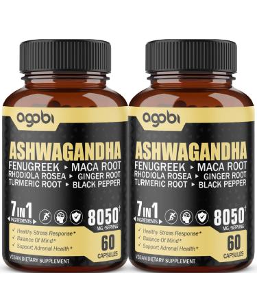 2 Packs 60 Capsules - 8050mg Ashwagandha Extract Supplement - 7in1 with Fenugreek Maca Turmeric Rhodiola Ginger & Black Pepper - Sleep Spirit Immune & Energy Support - 4 Month Supply 60 Count (Pack of 2)