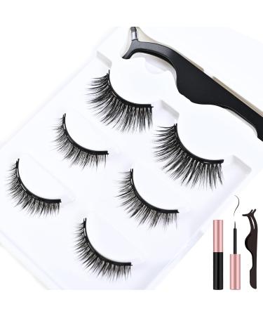 Magnetic Eyelashes Natural Look 3 Pairs False Eye Lashes Reusable Adhesive Lashes with Magnetic Eyeliner & Tweezer Kit Fluffy Mink Wispy Cat Eye Lashes No Glue Needed for Makeup