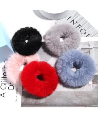 Womens 2 Pcs Furry Red Rabbit Hair Scrunchies - Fluffy Ponytail Holder Pompom Ball Ties - Girl Hair Accessories - Buy Online on GoSupps.com