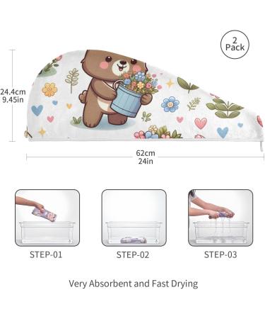 Cartoon Bear Flower Bucket Hair Towel 2 Pack - Super Absorbent Quick Dry Hair Turbans for Women & Girls - Buy Online on GoSupps.com