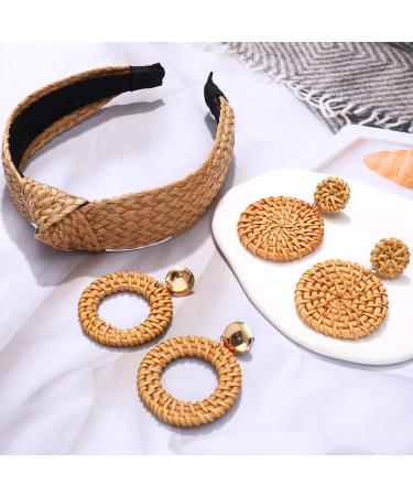 NVENF 6Pack Boho Rattan Earrings & Straw Headbands Set | Summer Beach Hair Accessories for Women - Style 2 - Buy Online on GoSupps.com