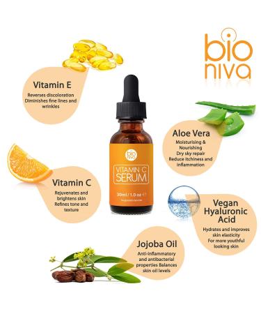 Bioniva Vitamin C Serum for Face with Vitamin E, Hyaluronic Acid - Vegan & Organic Anti Wrinkle Serum for Ageless Skin - Stimulate Collagen, Reduce Fine Lines - 1oz - Buy Online on GoSupps.com