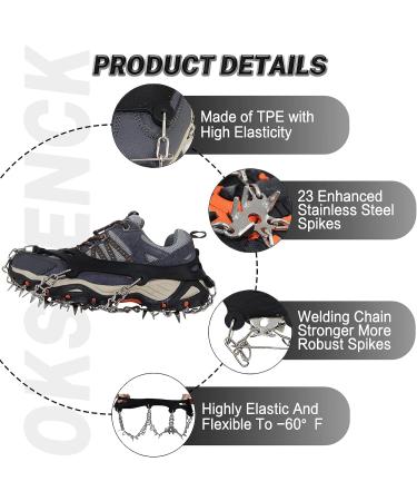 OKSTENCK Ice Cleats Traction Snow Grips with 23 Stainless Steel Spikes - Medium Size for Men, Women, and Kids - Anti-Slip Protection for Hiking, Walking, Climbing, Fishing - Buy Online on GoSupps.com