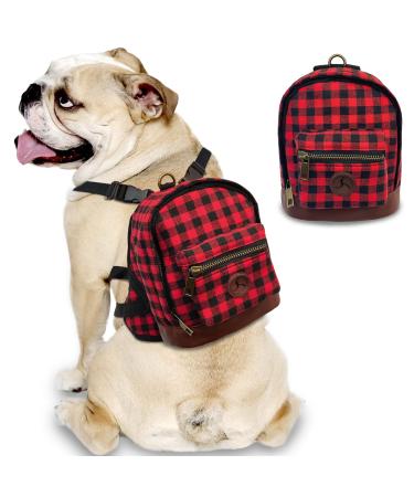 bellerata Dog Backpack Cute Backpack for Dogs Built-in Poop Bag Dispenser Buffalo Plaid & Pu Leather Design Dog Pack for Hiking Training and Daily Walking Fit Small and Medium Dogs M (Chest: 18"- 24")