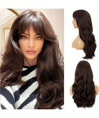 FAELBATY Long Brown Curly Wave Wig with Bangs - 26 Synthetic Cosplay Wig for Women - Buy Online on GoSupps.com