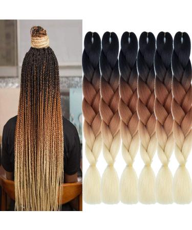 SHUOHAN 6 Packs Ombre Jumbo Braiding Hair Extensions 24 Inch High Temperature Synthetic Fiber Hair Extensions for Box Braids Braiding Hair(Black to Brown to Beige)