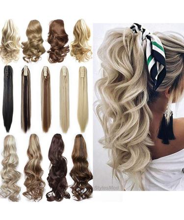 Long Short Claw Ponytail Hair Extension One Piece Cute Clip in on Ponytail Jaw/Claw Synthetic Straight Curly Hairpieces 24" Curly Light brown & ash blonde 24 Inch Light brown & ash blonde