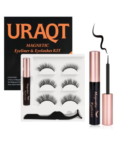 URAQT Magnetic Eyelashes 3 Pairs Magnetic Eyelashes with Eyeliner Kit 3D Reusable False Eyelashes Magnetic Eyeliner with Magnetic Eyelashes Natural Look Waterproof Long-Lasting Easy to Use No Glue