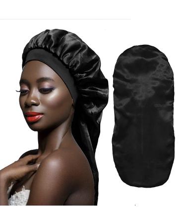 OWIIZI Satin Bonnet Extra Large Adjustable Double Layer Sleep Cap for Long hair Extra Long Black