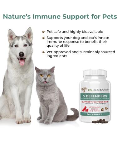 5 Defenders Mushroom Supplements for Cats & Dogs - Vet-Approved Health Support with Chaga, Shiitake, Reishi & Turkey Tail Mushrooms - 90ct Powder Capsules - Buy Online on GoSupps.com
