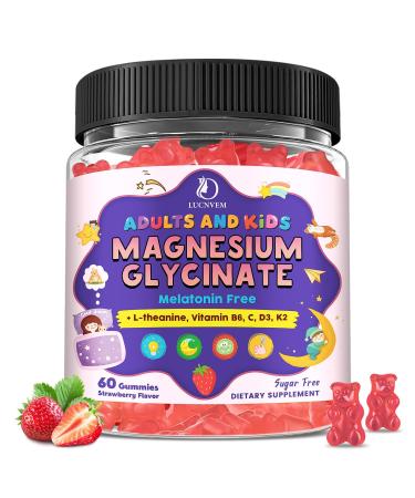 Magnesium Glycinate Gummies for Kids 4+ & Adults- Magnesium Glycinate 150/300 mg for Natural Sleep Relaxation & Calm Support Melatonin Free Sugar Free Strawberry Flavor 60 Ct 60 Count (Pack of 1)