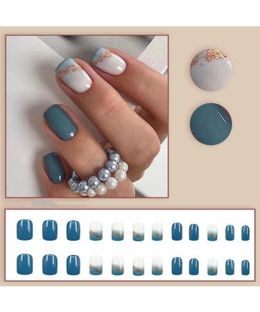 24Pcs Haze Blue Press on Nails - Short Square Fake Nails with Gold Glitter | Glossy Full Cover Acrylic Nail Art Kit for Women & Men | Gel Glue Included - Buy Online on GoSupps.com