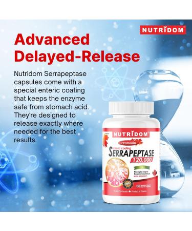 Nutridom Serrapeptase 120 000 SU Enteric Coated Capsules Non-GMO Free of Gluten Soy & Dairy Made in Canada (60 Count) - Buy Online on GoSupps.com