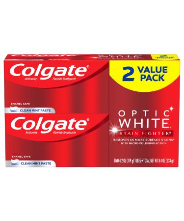 Colgate Optic White Whitening Toothpaste, Stain Fighter, Mint, 4.2 Oz, Pack of 2