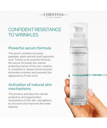 Christina Unstress Absolute Relaxer Peptide Serum | Hyaluronic Acid Face Serum for All Skin Types | Boosts Collagen & Elastin - Buy Online on GoSupps.com