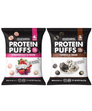 Shrewd Food Protein Puffs - Sweet and Crispy Dessert Puffs Low Carb High Protein Cereal Snack Peanut Free Gluten Free 12g Protein - Strawberries and Cream & Cookies and Cream 0.74 Oz (Pack of 8)