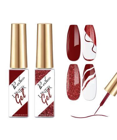 Gel Liner Nail Art-2pcs Red Matte & Glitter Nail Gel Polish Fineliner Soak Off French Manicure Gel for liner drawing and Nail Color Painting Liner Nail Gel for Nail Starter Home DIY Nail Salon M-2-Red & Glitter