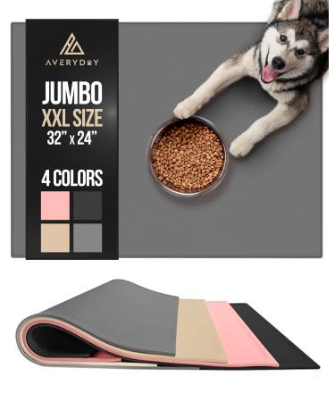 AVERYDAY 32x24 Silicone Dog Water Bowl Mat Fits Multi Cat Feeding Stations, 0.63" High Edge XL Waterproof Rubber Pet Dog Cat Food Bowl Mat/Tray for Floor & Dog Bowls to Protect Wooden Floor 32x24" Grey