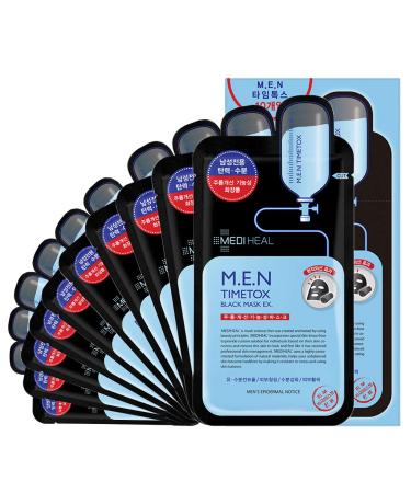 Mediheal M.E.N Timetox Black Mask EX. Pack of 10 - Sebum Control & Pore Purifying Black Charcoal Facial Mask Sheet for Oily and Troubled Skin Anti-Wrinkle Moisturizing