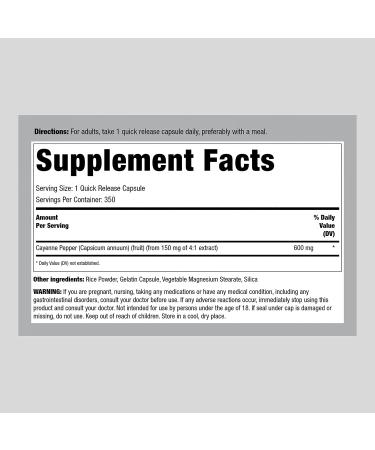 Piping Rock Cayenne Pepper Capsules 600mg - 350 Count Concentrated Extract | Non-GMO & Gluten Free - Buy Online on GoSupps.com