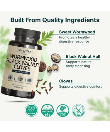 VINATURA Wormwood Black Walnut Clove Capsules - Cleanse Detox Intestinal Guard Formula Supplement for Humans with Wormwood herb Black Walnut Extract Combination 60 Capsules - Buy Online on GoSupps.com