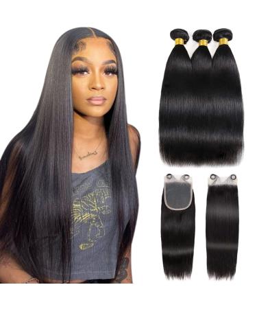 Straight Human Hair 3 Bundles with Closure (12 14 16+10) Bundles with 4x4 Free Part HD Lace Closure 10A Double Weft Bundles and Frontal 100% Unprocessed Brazilian Weave Extensions Hair Natural Black ColorNatural Black Co...