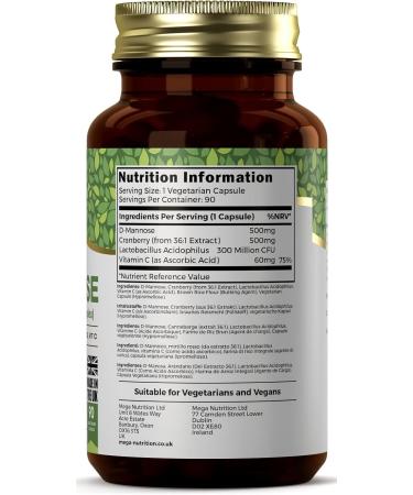 Ezyleaf D-Mannose Capsules with Probiotics & Cranberry Extract | 90 Capsules, 500mg | Vegan & Allergen-Free - Buy Online on GoSupps.com