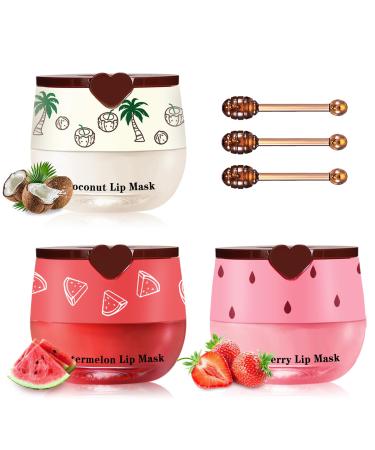Honey Pot Lip Balm 3PCS Coconut Watermelon Strawberry Lip Balm Moisturizing and Repair Bee Lip Balm Honey Pot Prevention Dry and Crack Lip Mask Overnight Watermelon+Strawberry+Coconut