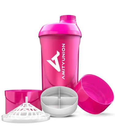 Amity Union women protein Shaker 700 ml set - original deluxe protein shaker leak -proof - BPA free with sieve and scale for creamy whakes gym fitness mug for concentrates in pink cup