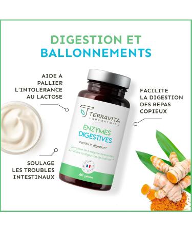 Digestive ENZYMES | Lactase + Digezyme Complex Patented + Turmeric | Lactose Intolerance Difficult Digestion and Bloating | Basifying Mix | 60 Vegan Capsules | Made in France Terravita - Buy Online on GoSupps.com