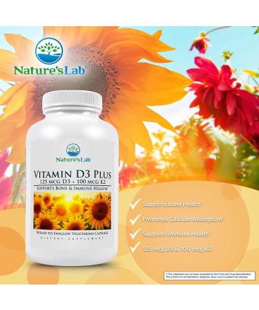 Nature's Lab Vitamin D3 Plus - Immune Support & Healthy Bones with D3, K2 (MK7) - 90 Capsules - Gluten Free & Non GMO - Buy Online on GoSupps.com