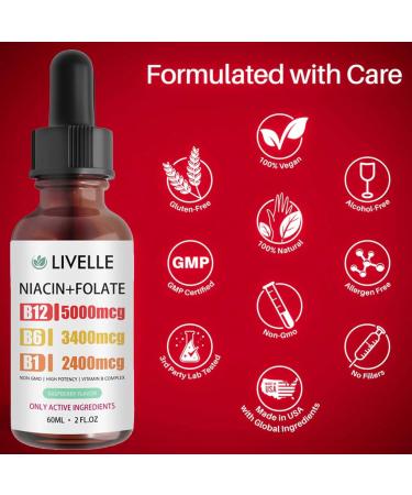 Oxloza Livelle Vitamin B12 Raspberry Liquid Supplement - Sublingual B-Complex with B6 B1 Niacin & Folic Acid Methylcobalamin 5000 mcg 27 200 mcg Total - 2FLOZ (60 ML) (1PC) - Buy Online on GoSupps.com