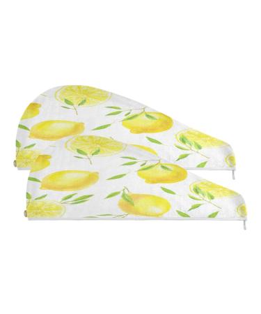 Fresh Lemons Pattern Dry Hair Cap 2 Piece Quick Drying Towel Set with Button Headband Super Absorbent Soft & Comfortable