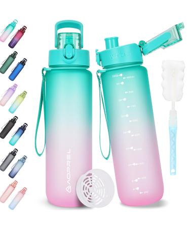 Aoprel drinking bottle 1l water bottle BPA-free from Tritan sport drinking bottle of carbon dioxide Suitable leak-proof 1 liter bottle for fitness hiking camping school and office green pink color gradient