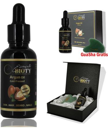 Essence & Bioty Argan Oil 30 ml - Cold Pressed 100% Pure in Miron Glass Bottle with Pipette + GUA SHA Stone: Nourishing Oil for Skin Hair Face - Buy Online on GoSupps.com