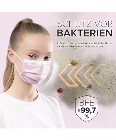 Small Size 50pc Disposable Face Masks Made in Germany | Type IIR & CE Certified | 99.78% Filtration | Elastic Earloops | Breathable Triple Layer | Rosa - Buy Online on GoSupps.com
