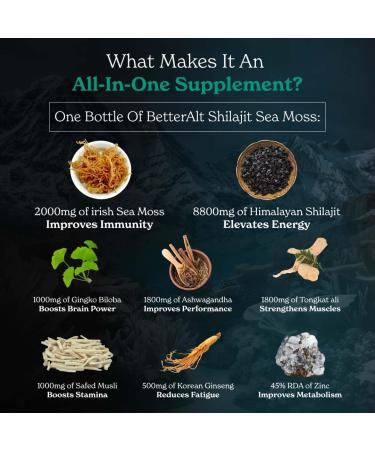 Better Alt Shilajit Sea Moss Capsules Pack of 2 with Ashwagandha & Black Pepper Extract with 85+ Essential Minerals & Antioxidants| Boosts Energy & Metabolism - 120 Servings 240 Capsules Shilajit Seamoss Capsules - Pack of 2 - Buy Online on GoSupps.com