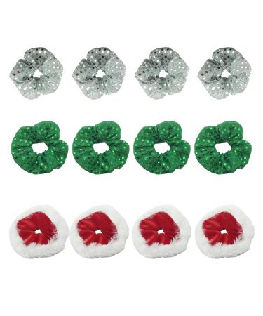 MFUOE 12Pieces Christmas Hair Scrunchies Red Green Silver Hair Scrunchies Cute Elastics Sequins Hair Accessories for Halloween Thanksgiving Birthday Party